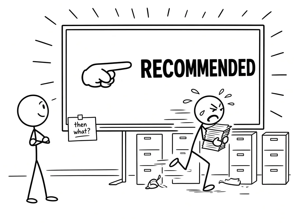 Black-and-white stick comic: manager nods at a giant RECOMMENDED dashboard while behind it an exhausted worker sprints between filing cabinets; sticky note asks then what?